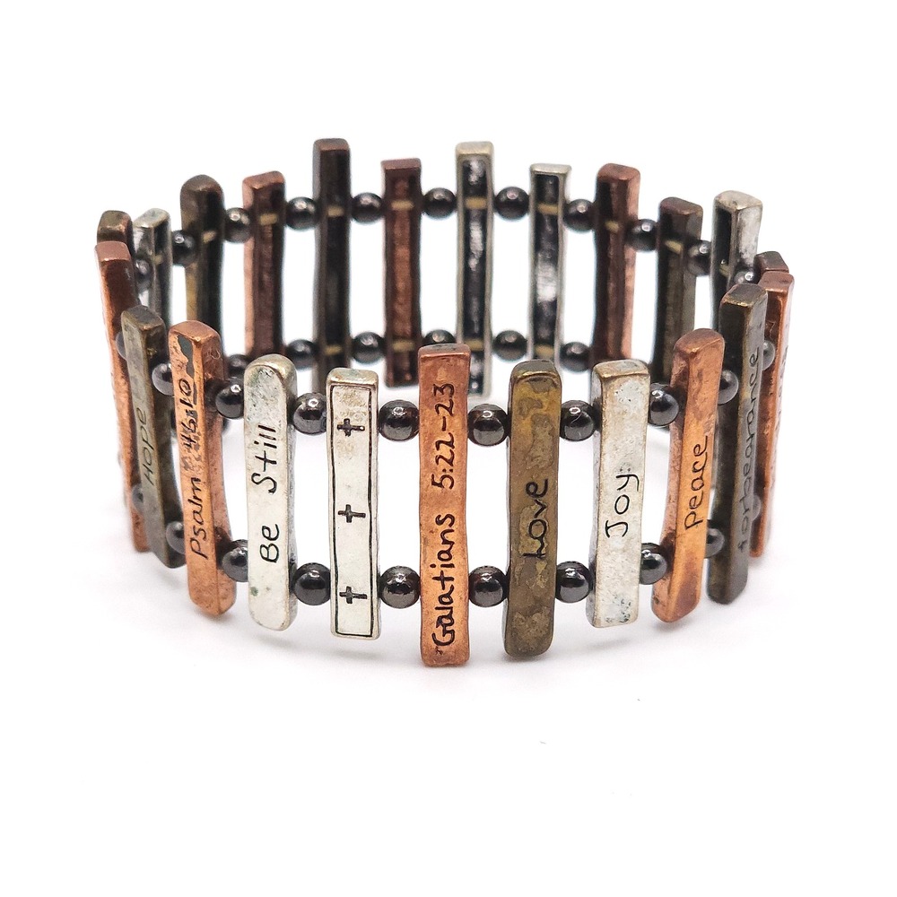 Christian Stretch Bracelet Bible Verse Faith Hope Cross Tri Tone 7in